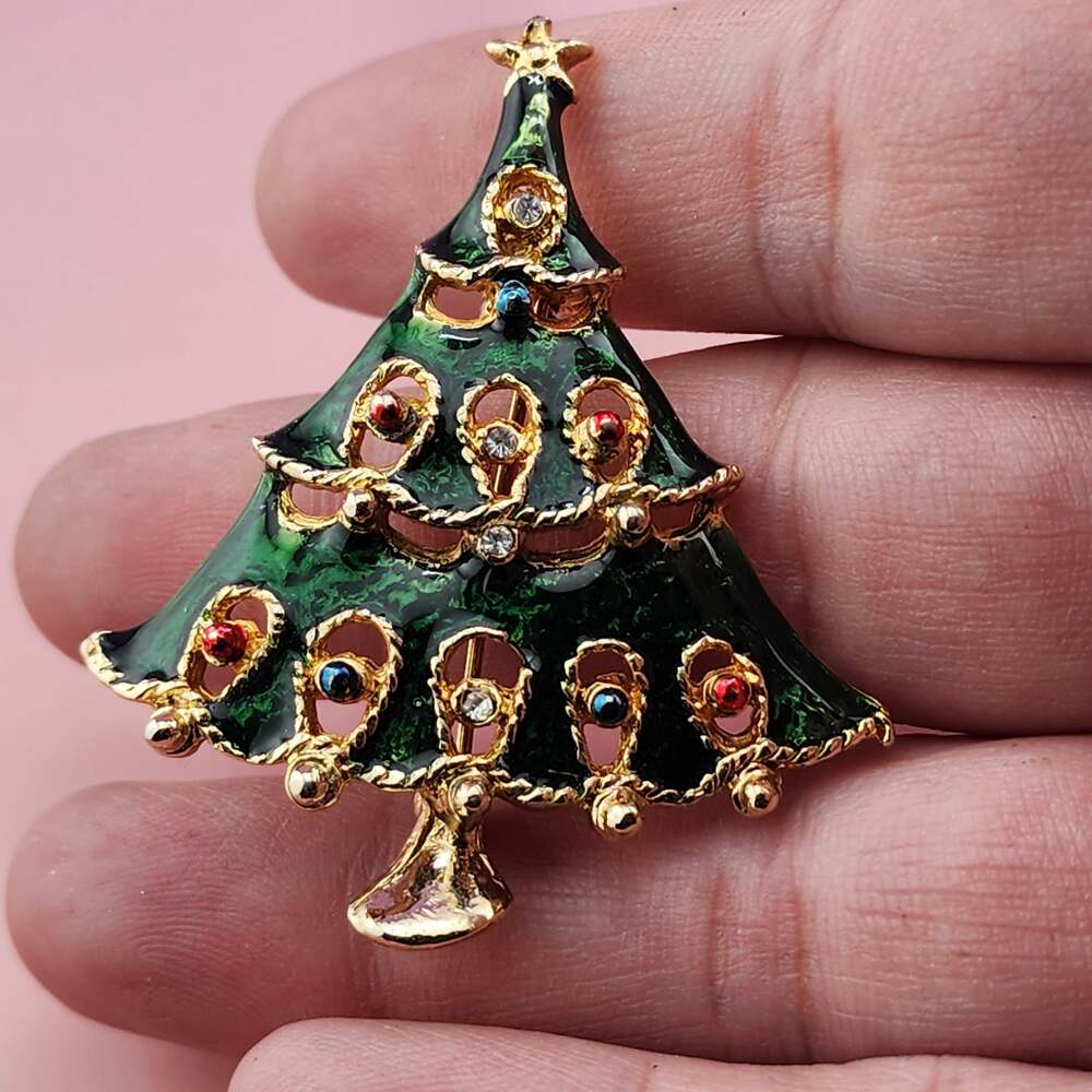 Vintage 90s Green Enamel Christmas Tree Brooch Gold Tone Garland Holiday Pin